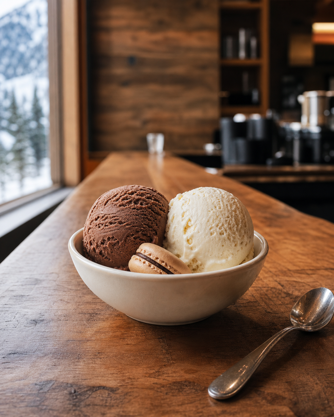 Vanilla and chocolate ice cream with a macaron on a wood bar