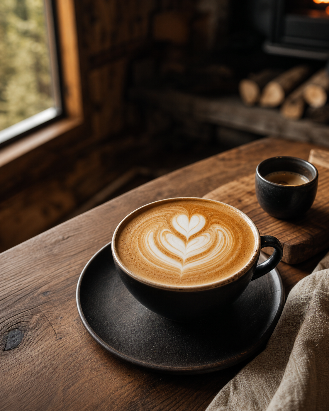 Latte art on a rustic wood coffee bar